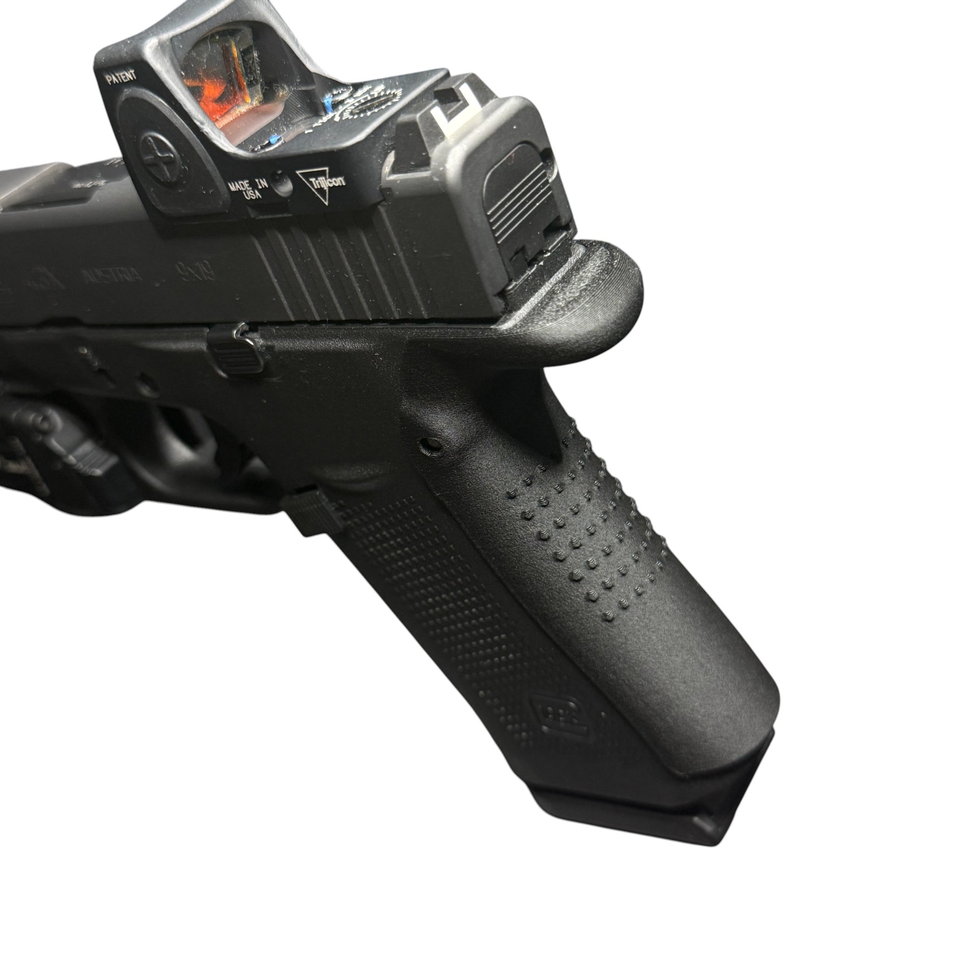 Rapid Engineering Inc. large backstrap beavertail grip for Glock 43X & 48, top angle view showing beavertail that eliminates slide bite and rounded edge.