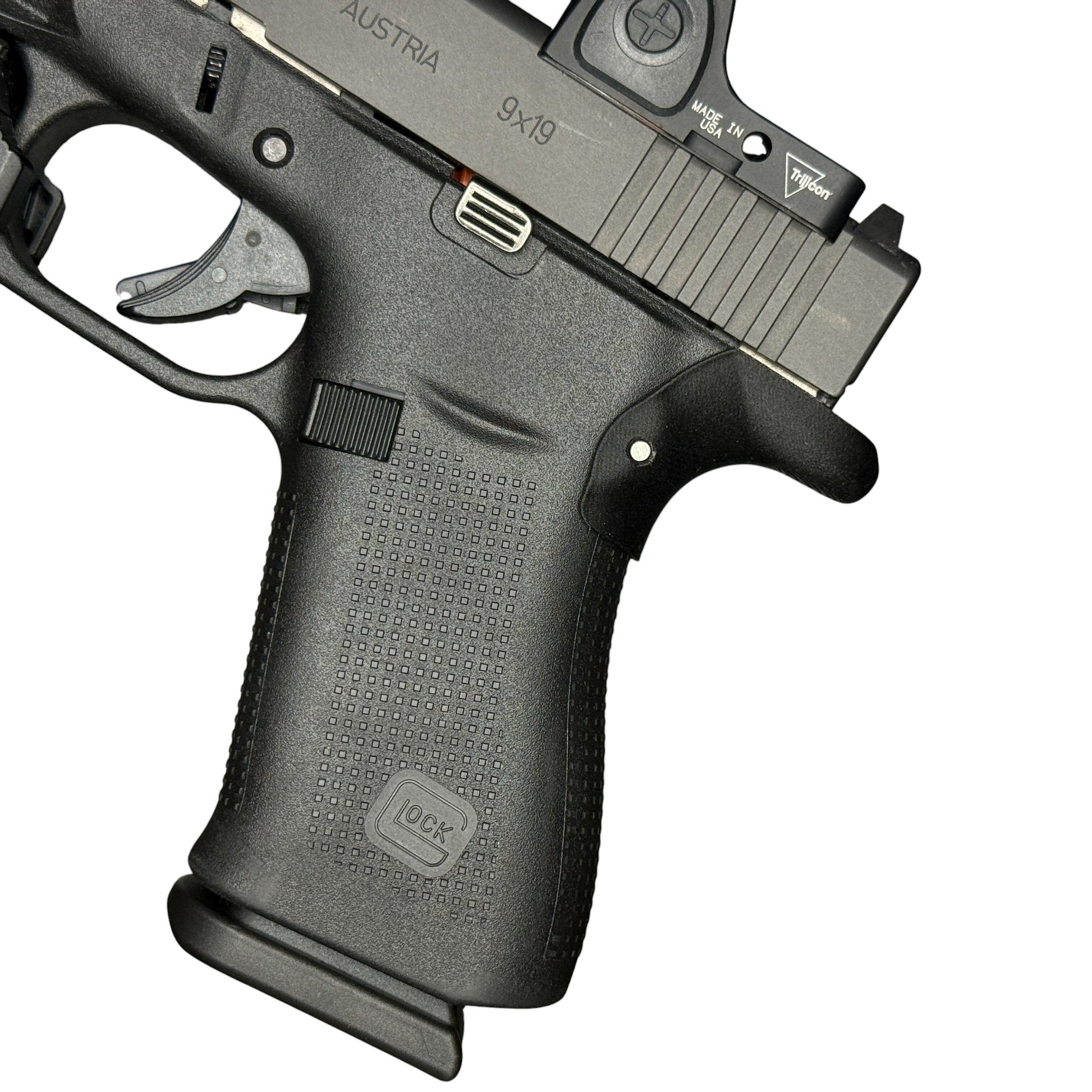 Rapid Engineering Inc. chopped backstrap beavertail grip for Glock 43X & 48, side view showing improved grip angle for better control