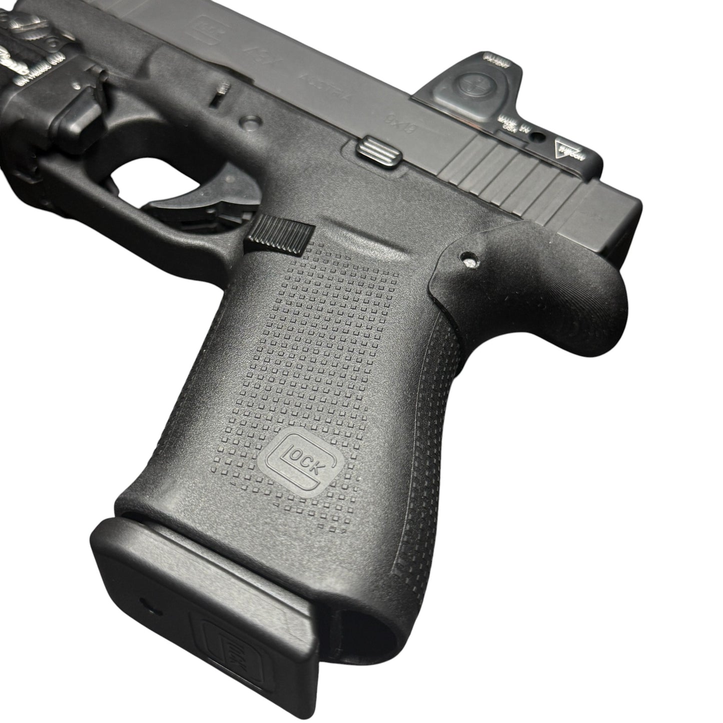 Rapid Engineering Inc. chopped backstrap beavertail grip for Glock 43X & 48, angled view showing beavertail that eliminates slide bite.
