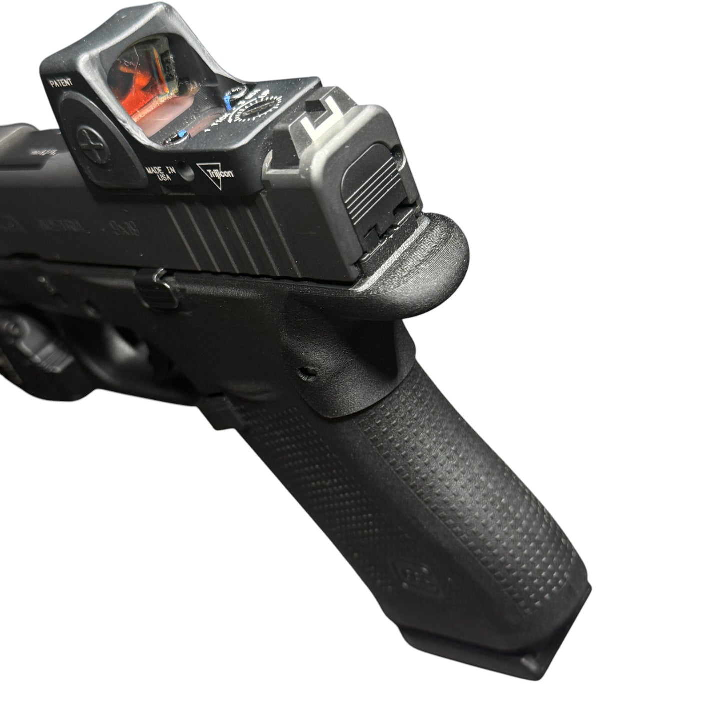 Rapid Engineering Inc. chopped backstrap beavertail grip for Glock 43X & 48, top angle view showing beavertail that eliminates slide bite and rounded edge.