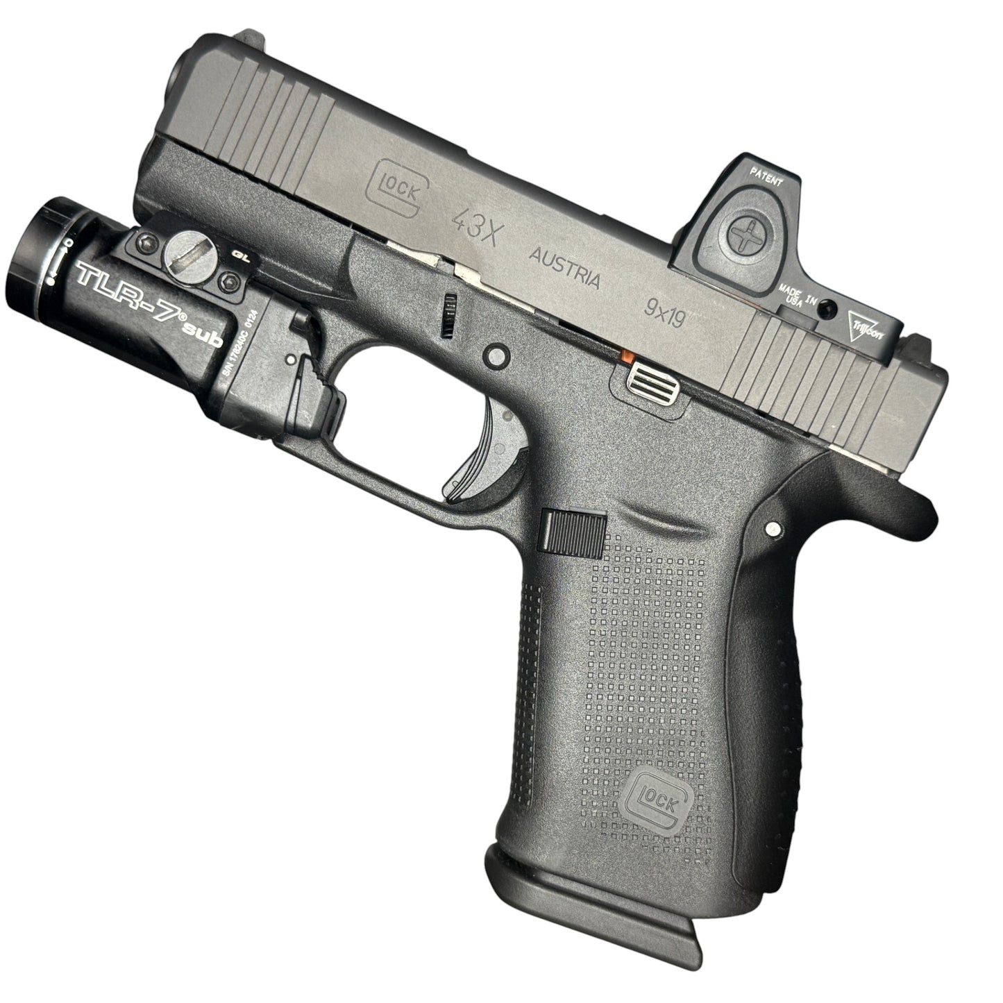 Rapid Engineering Inc. Extra-Large backstrap beavertail grip for Glock 43X & 48, side view showing improved grip angle for better control