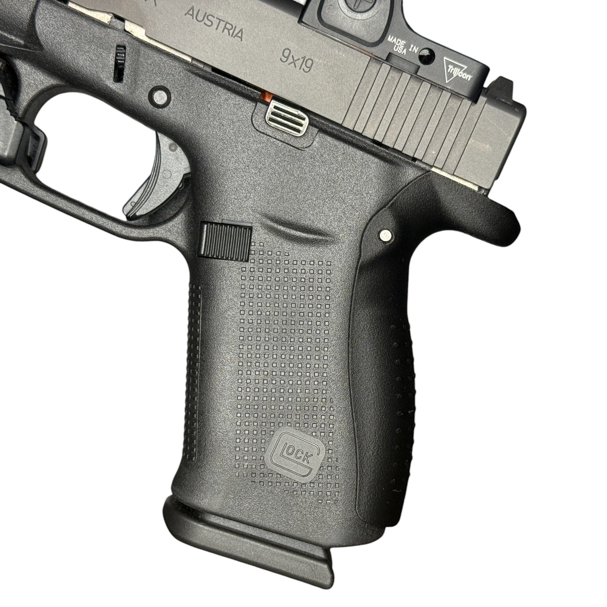 Rapid Engineering Inc. Extra-Large backstrap beavertail grip for Glock 43X & 48, full view showing beavertail that eliminates slide bite.