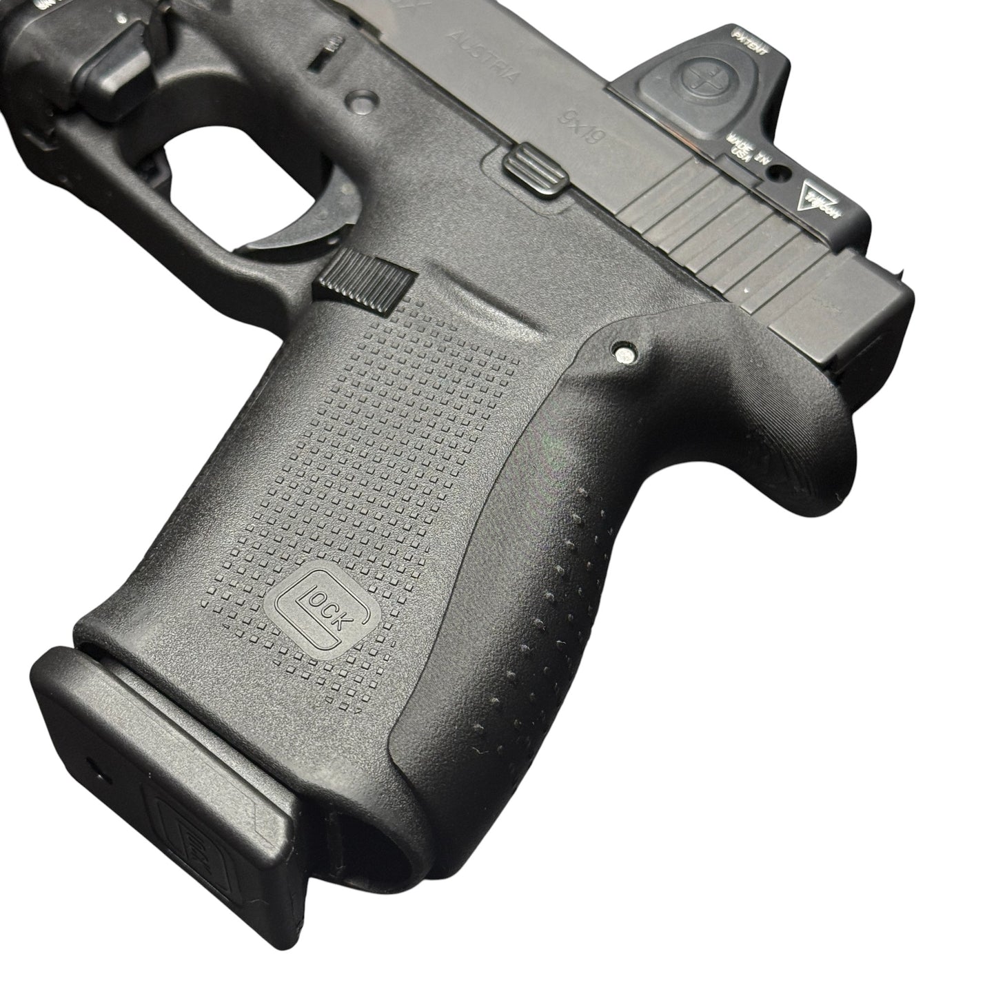 Rapid Engineering Inc. Extra-Large backstrap beavertail grip for Glock 43X & 48, angled view showing improved grip angle for better control