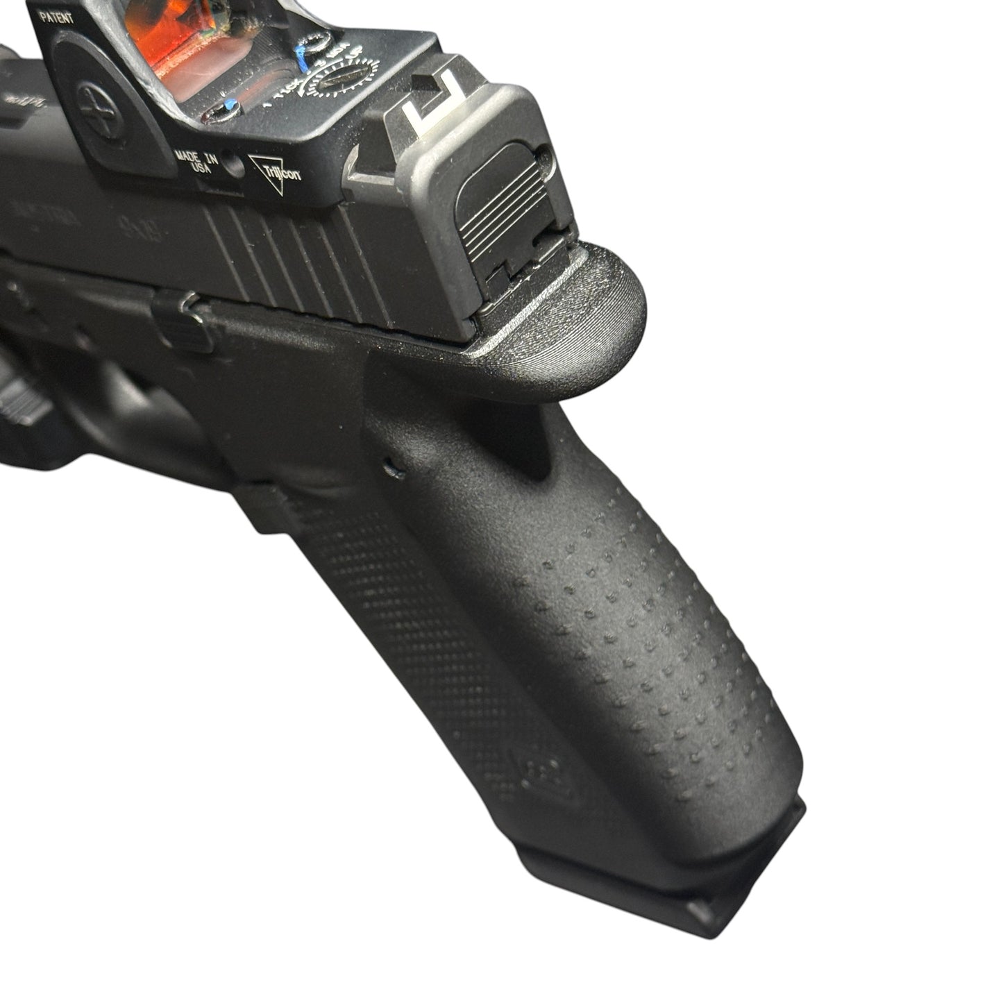 Rapid Engineering Inc. Extra-Large backstrap beavertail grip for Glock 43X & 48, top angle view showing beavertail that eliminates slide bite and rounded edge.