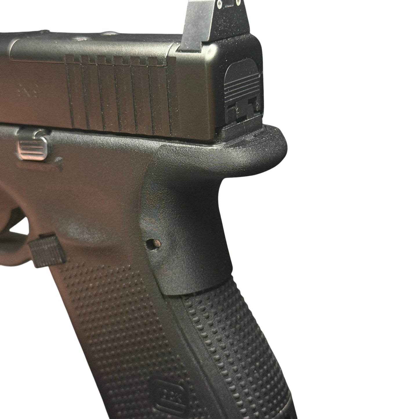 Rapid Engineering Inc. chopped backstrap beavertail for Glock 19, 23, 44, & 49 Gen 4 & 5, showing improved grip angle and beavertail close up