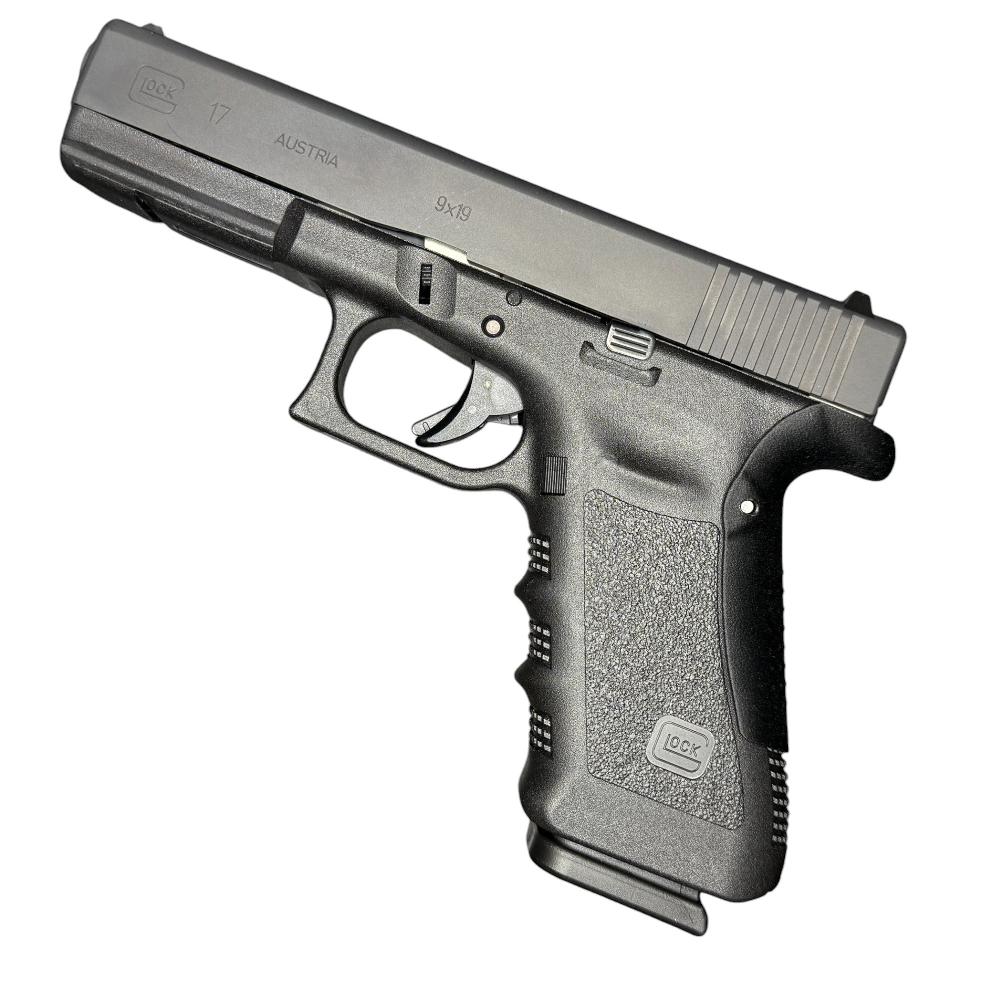 Rapid Engineering Inc. backstrap beavertail grips for Glock 17 Gen 3, side view showing improved grip angle and beavertail which eliminates slide bite