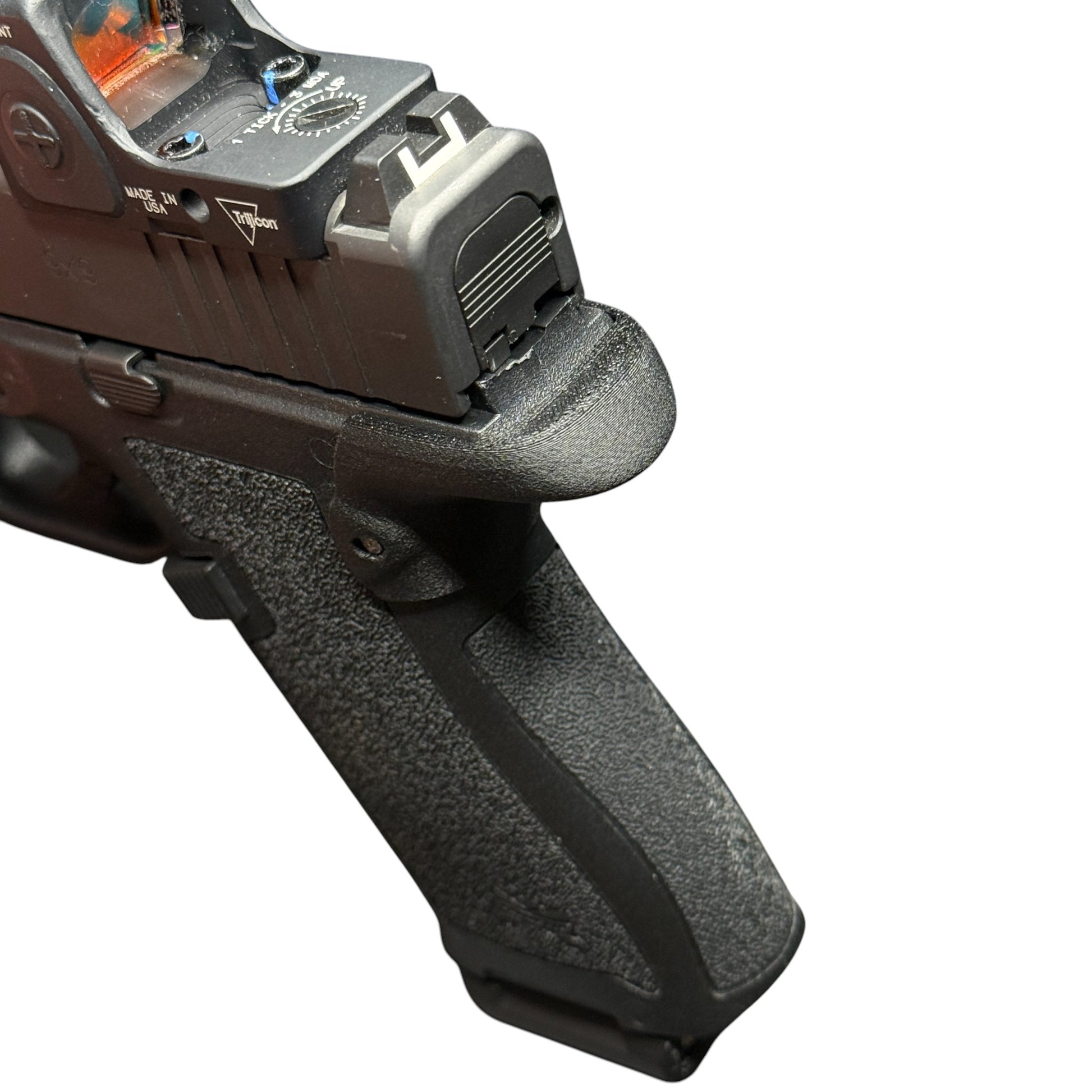 Rapid Engineering Inc. small backstrap beavertail grip for Palmetto State Armory PSA Micro Dagger, angled view showing rounded edge of beavertail