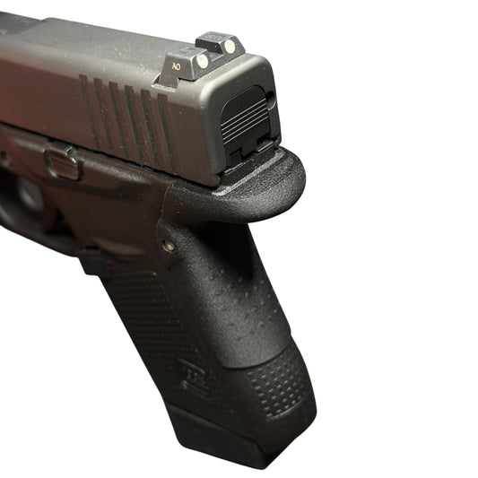 Rapid Engineering Inc. backstrap beavertail grip for Glock 43 angled view showing rounded beavertail edge