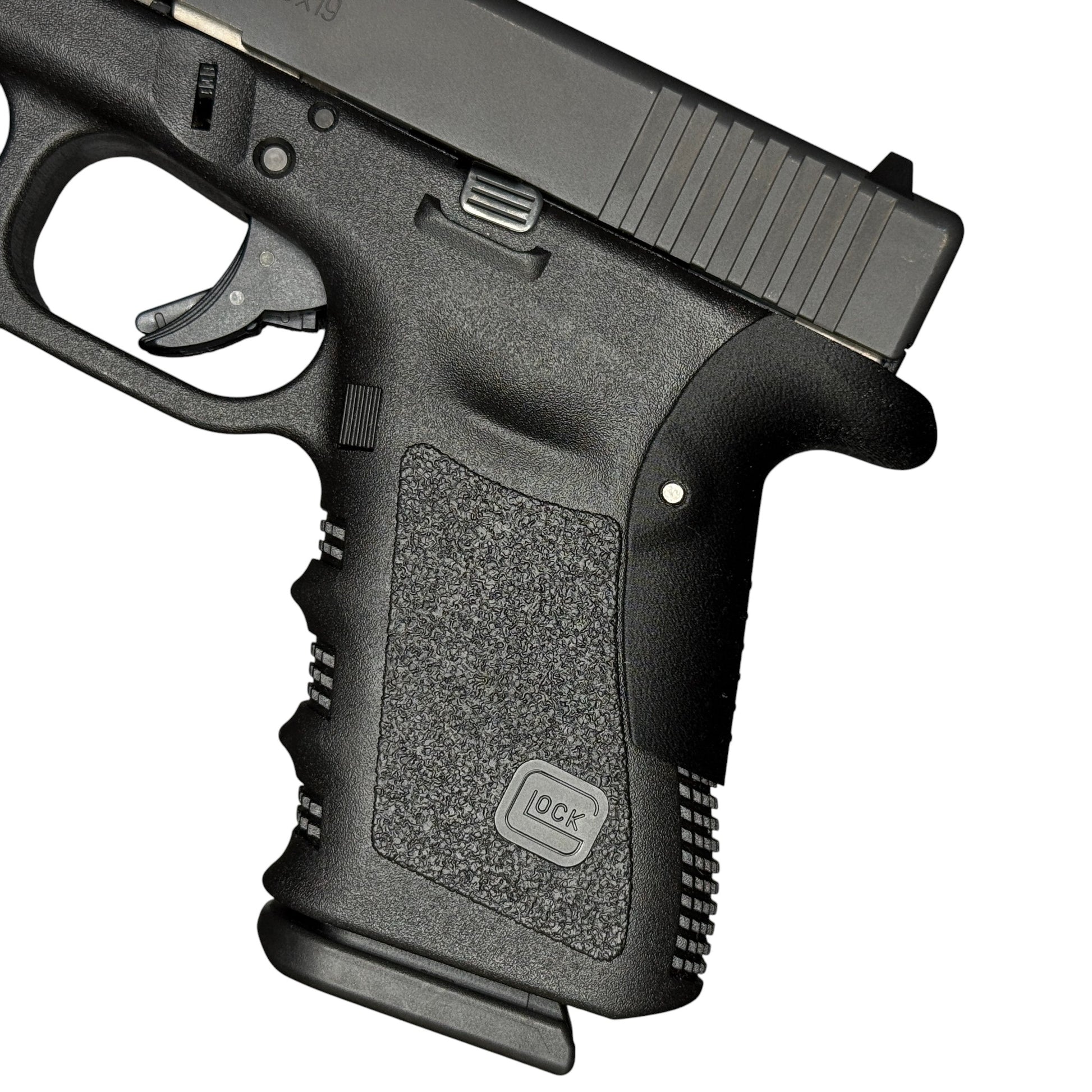 Rapid Engineering Inc. backstrap beavertail grips for Glock 19 Gen 3, close view showing backstrap and angle change