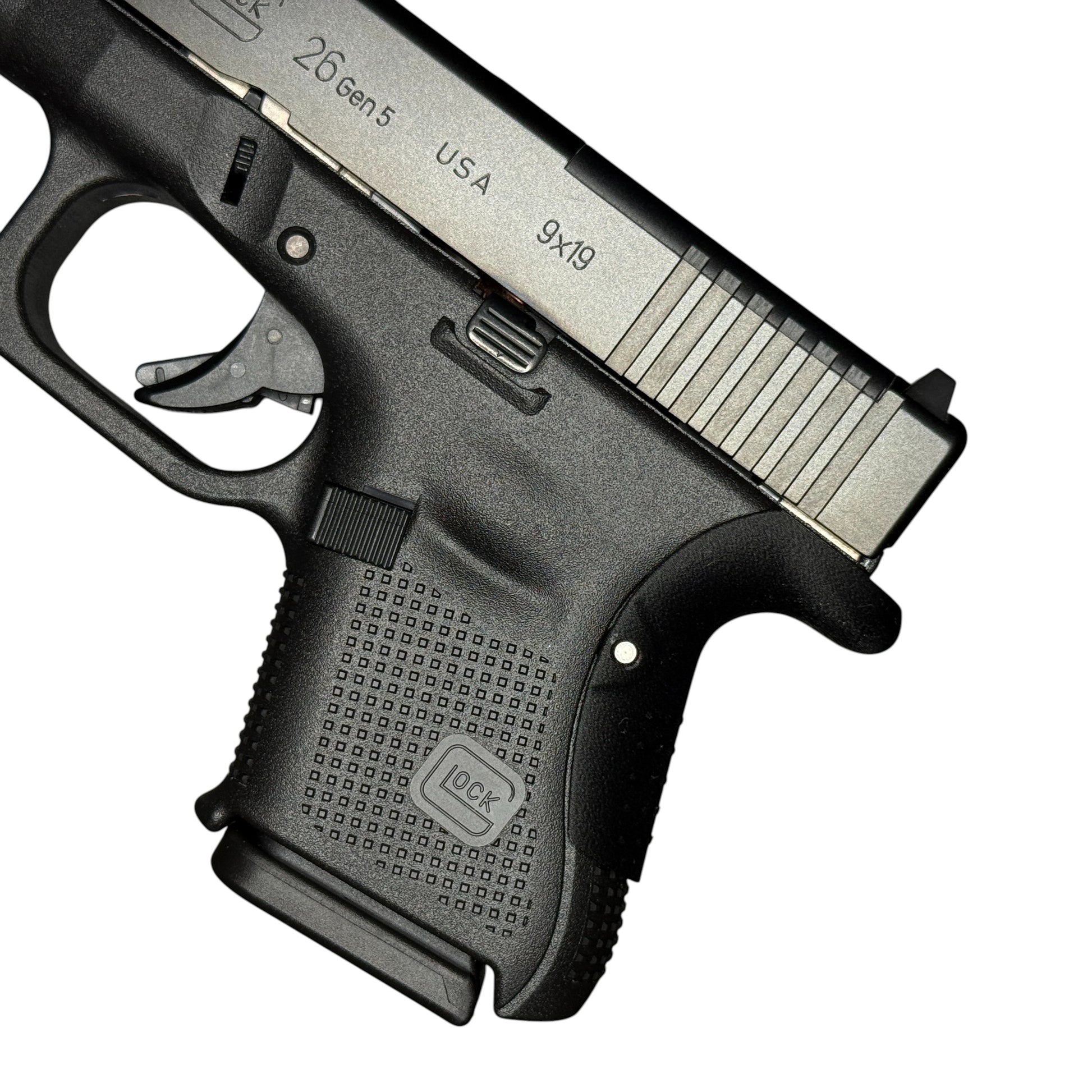 Rapid Engineering Inc. backstrap beavertail grips for Glock 26 Gen 4&5, side view showing improved grip angle 