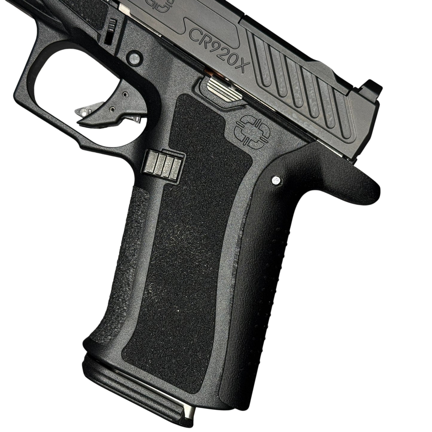 Rapid Engineering Inc. large backstrap beavertail grip for Shadow Systems CR920X, close up view showing improved grip angle