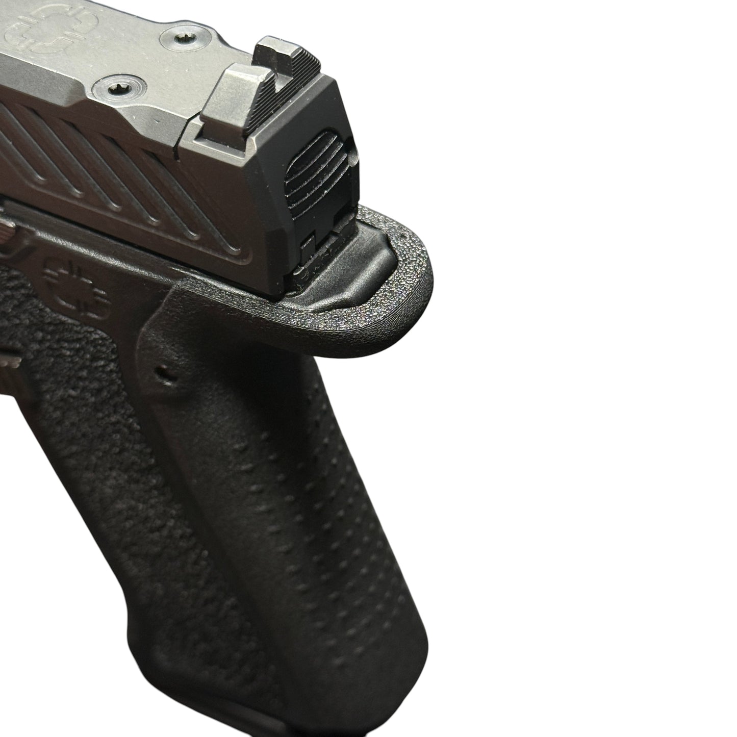 Rapid Engineering Inc. large backstrap beavertail grip for Shadow Systems CR920X, close up angled view showing rounded beavertail