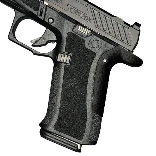 Rapid Engineering Inc. medium backstrap beavertail grip for Shadow Systems CR920X, close up view showing improved grip angle