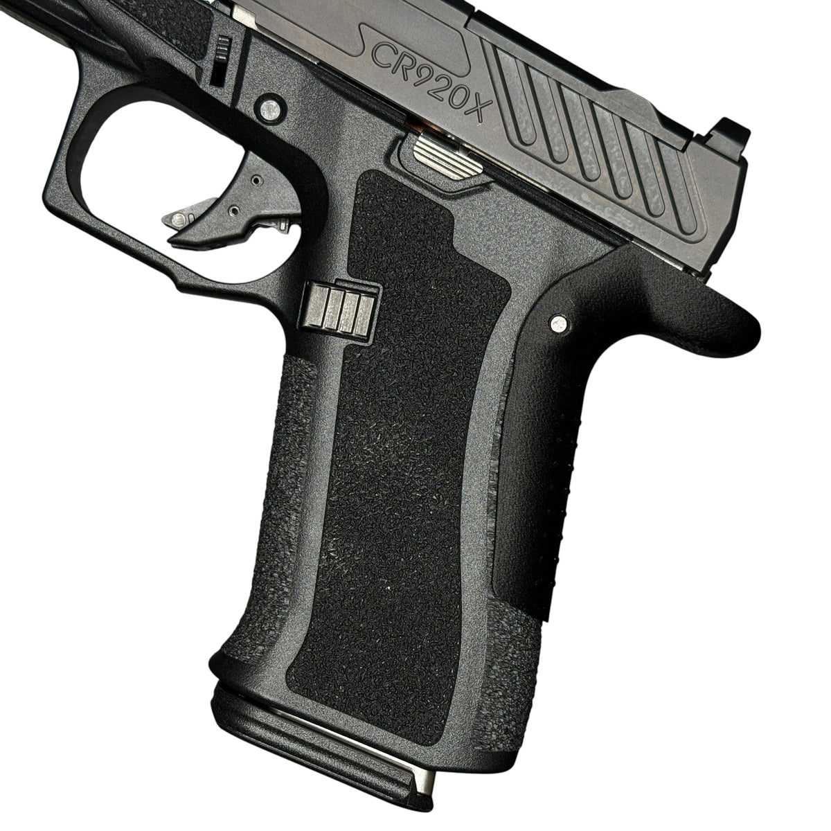Rapid Engineering Inc. medium backstrap beavertail grip for Shadow Systems CR920X, close up view showing improved grip angle
