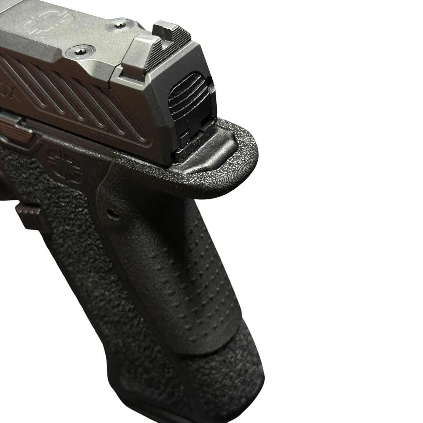 Rapid Engineering Inc. medium backstrap beavertail grip for Shadow Systems CR920X, close up angled view showing rounded beavertail