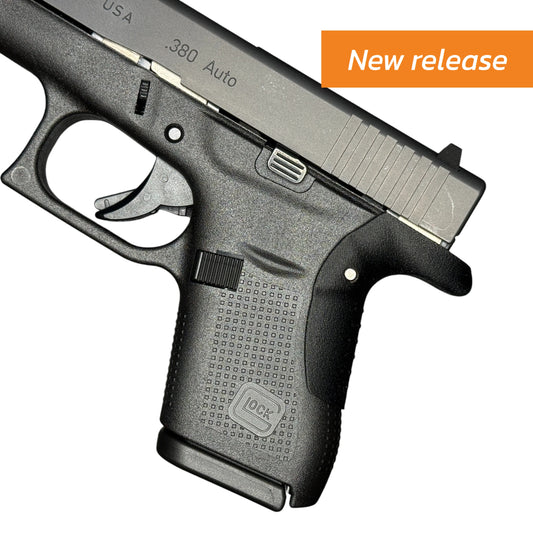 Rapid Engineering Inc. backstrap beavertail grip for Glock 42, side view showing improved grip angle with new release tag
