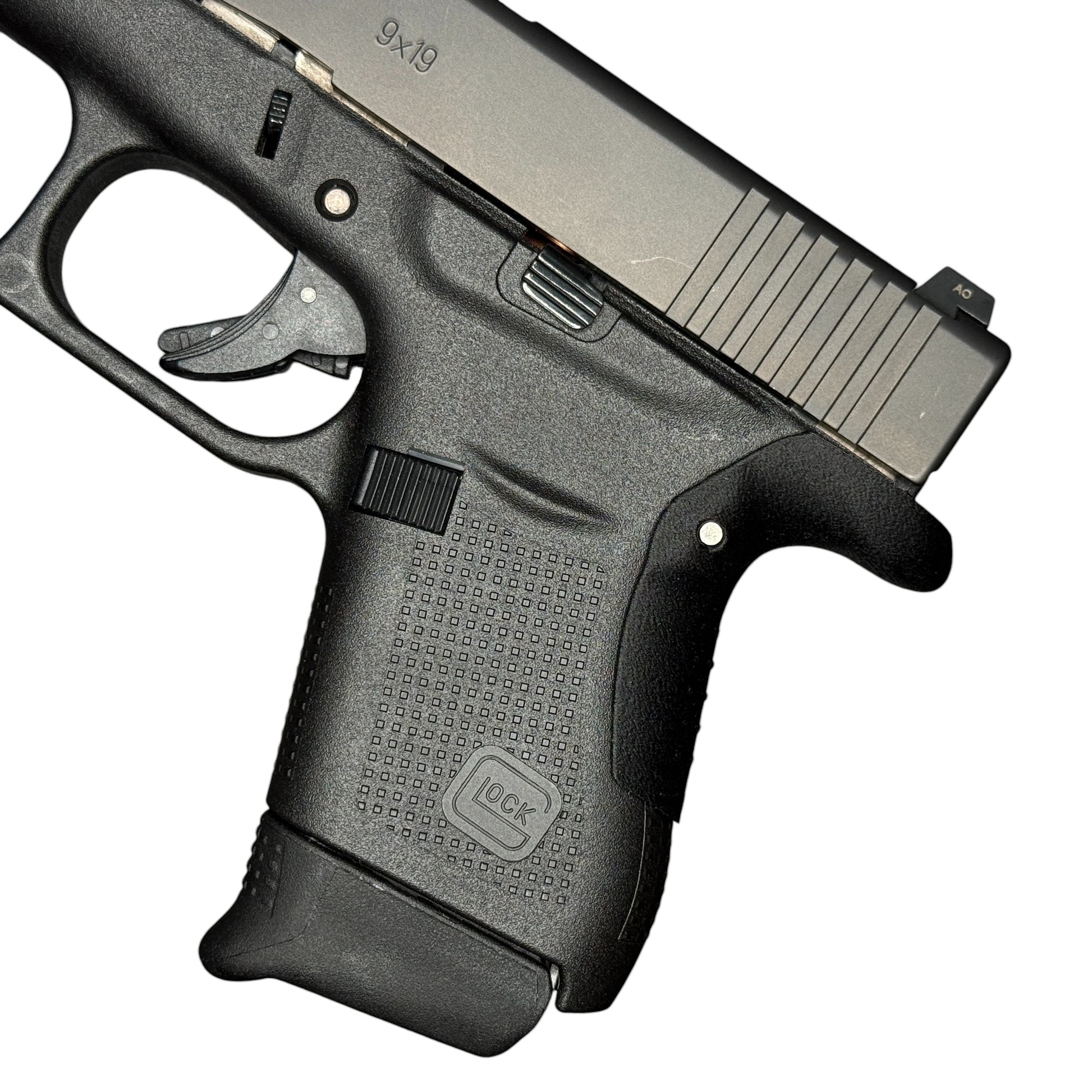 Rapid Engineering Inc. backstrap beavertail grip for Glock 43, side view showing improved grip angle