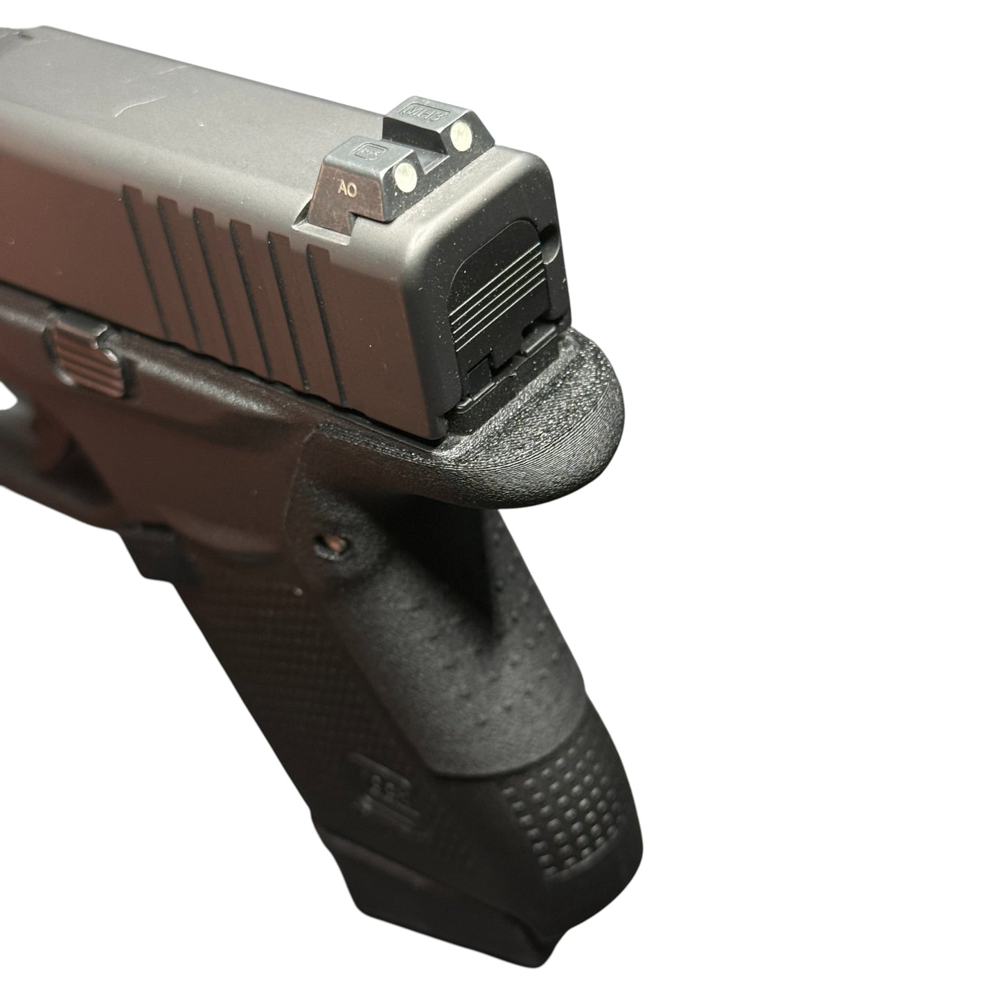 Rapid Engineering Inc. backstrap beavertail grip for Glock 43 angled view showing rounded beavertail edge