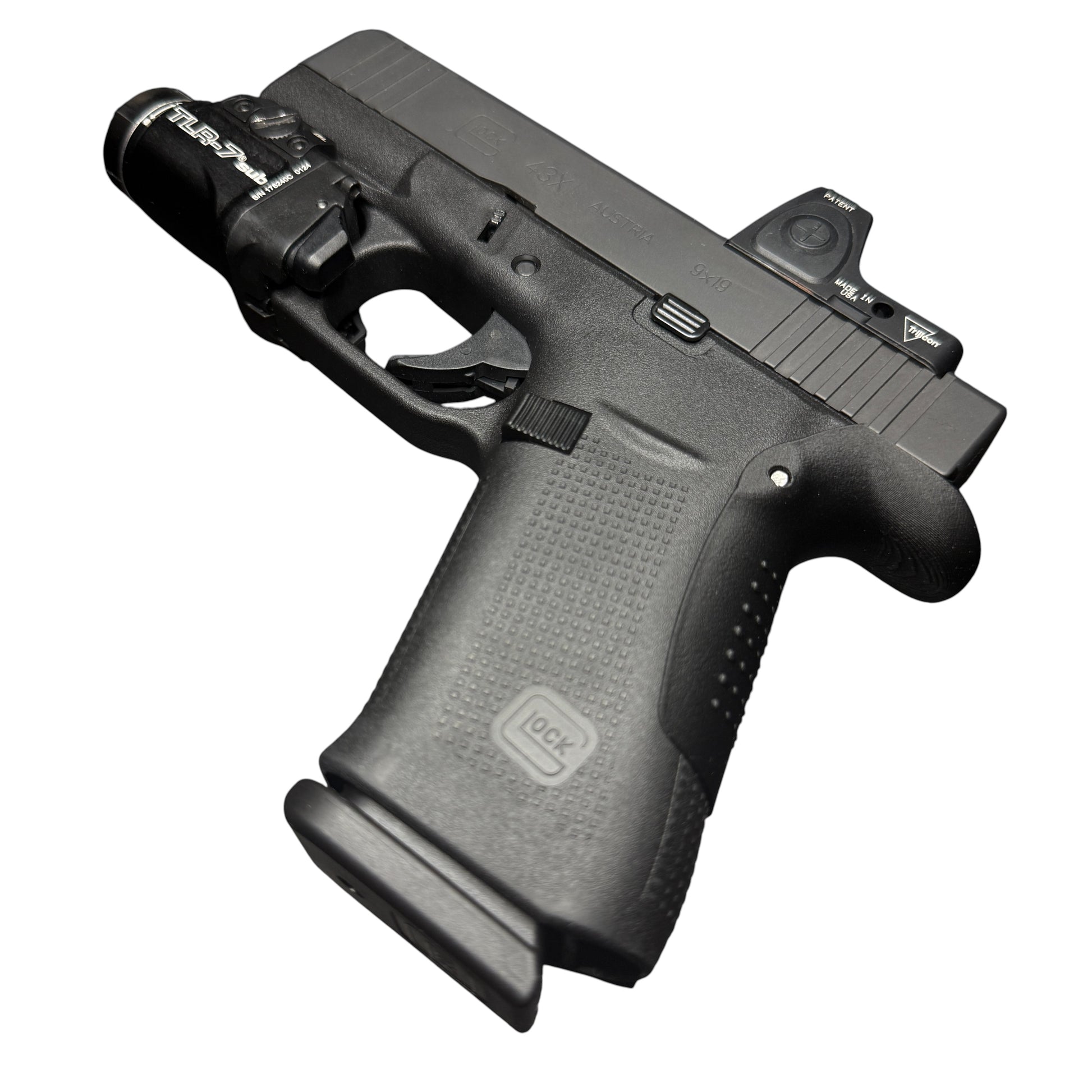 Rapid Engineering Inc. small backstrap beavertail grip for Glock 43X & 48, angled view showing full item